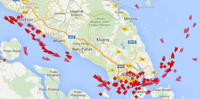 Oil supply glut visualized in oil tanker traffic off Singapore.