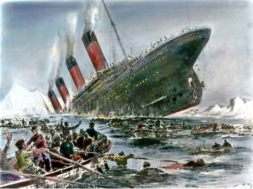 Illustration of the Titanic sinking with iceberg in background