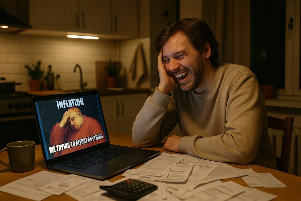 Osoba siedzi przy kuchennym stole z rachunkami i kalkulatorem, śmiejąc się z memu o inflacji na ekranie laptopa