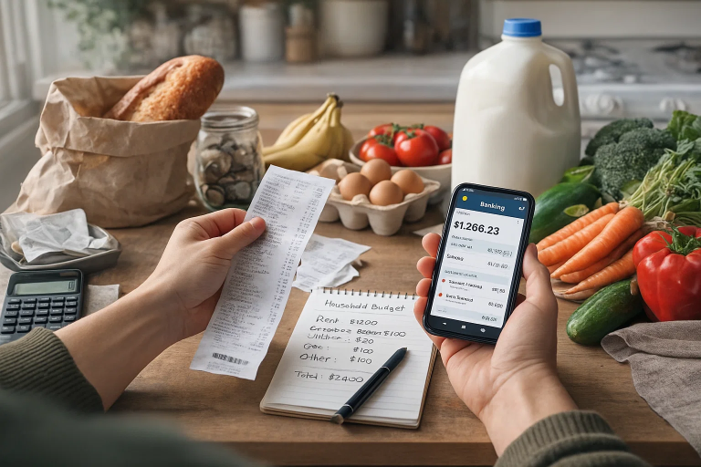 Osoba patrzy na paragon i aplikację bankową w kuchni, porównując ceny podstawowych zakupów