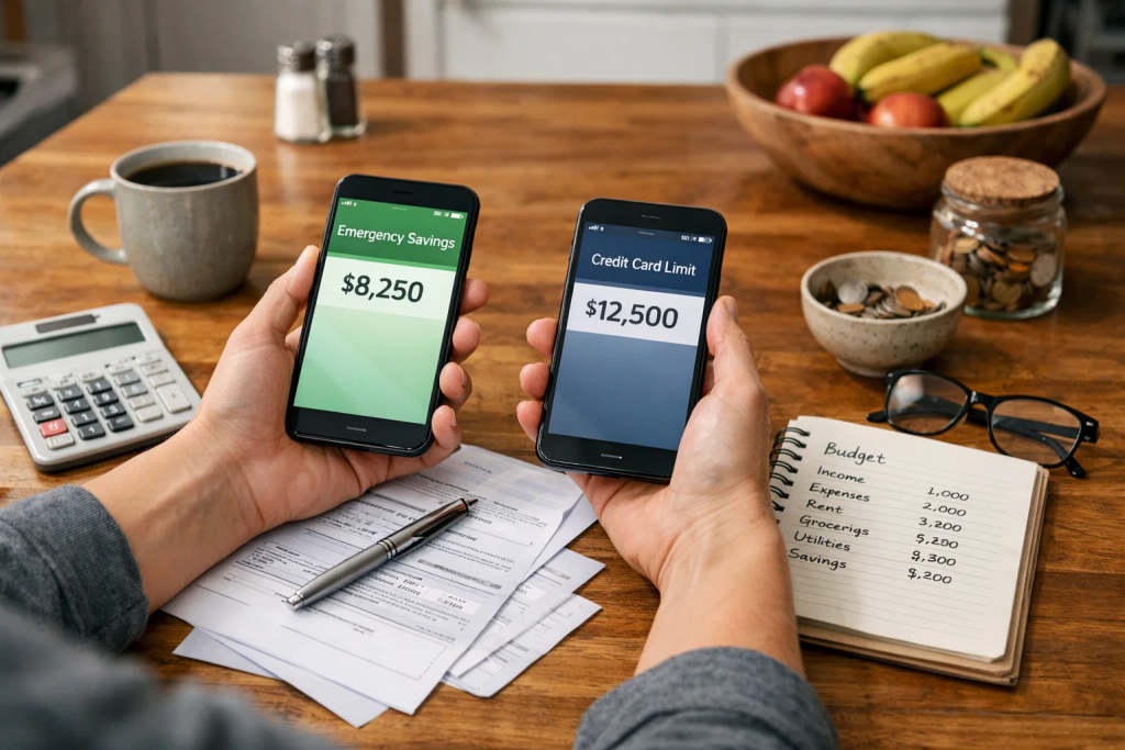 Osoba przy stole porównuje oszczędności w aplikacji bankowej z limitem karty kredytowej, obok leżą rachunki i notes z budżetem